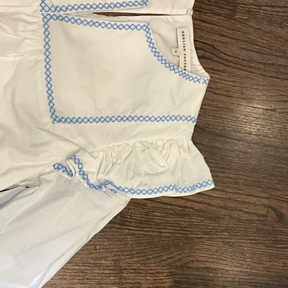 English Factory White Blouse with Blue Embroidered Trim and Ruffle Detail - Picture 5 of 8